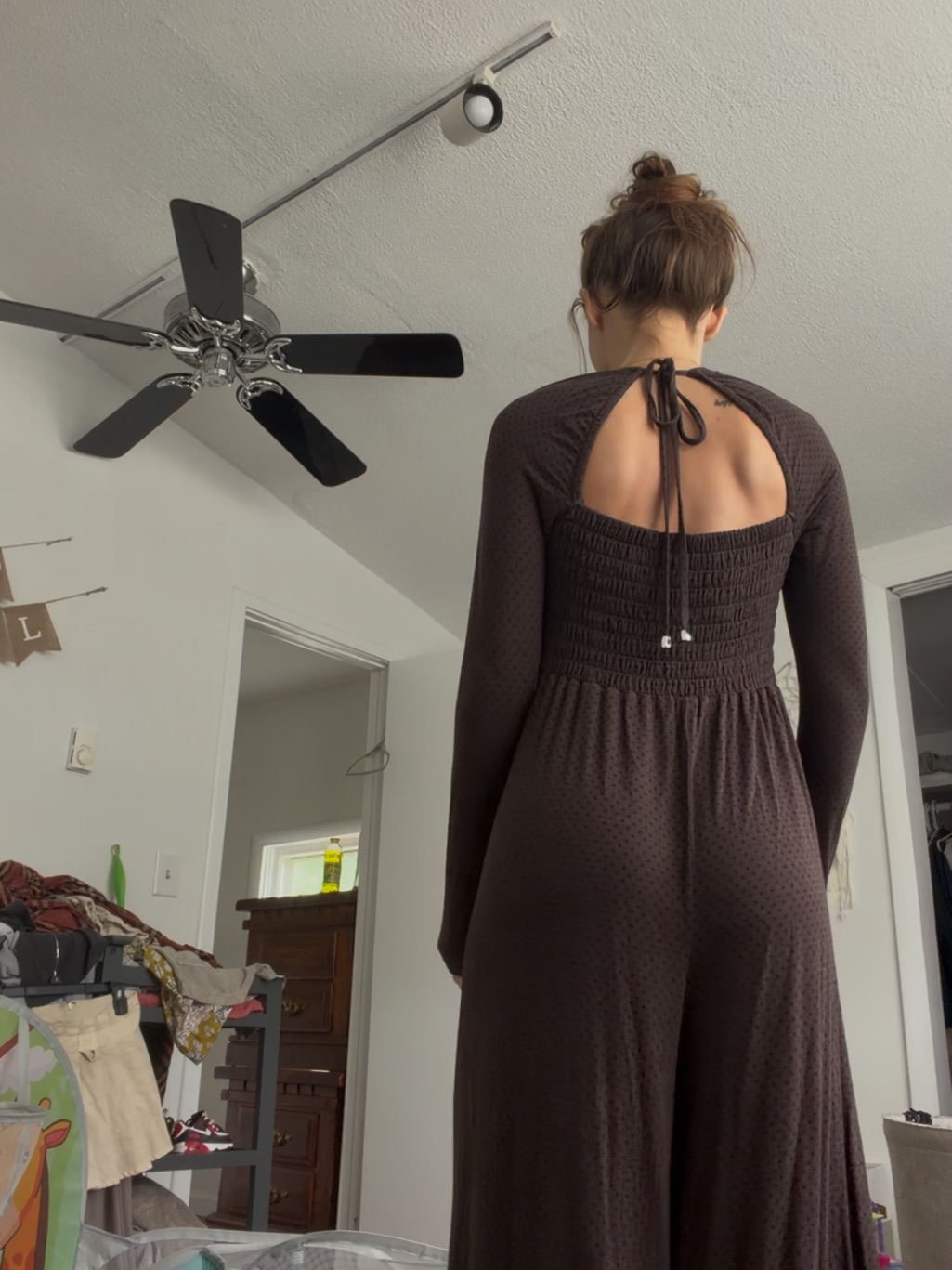 Free People Brown Long-Sleeve Open-Back Jumpsuit